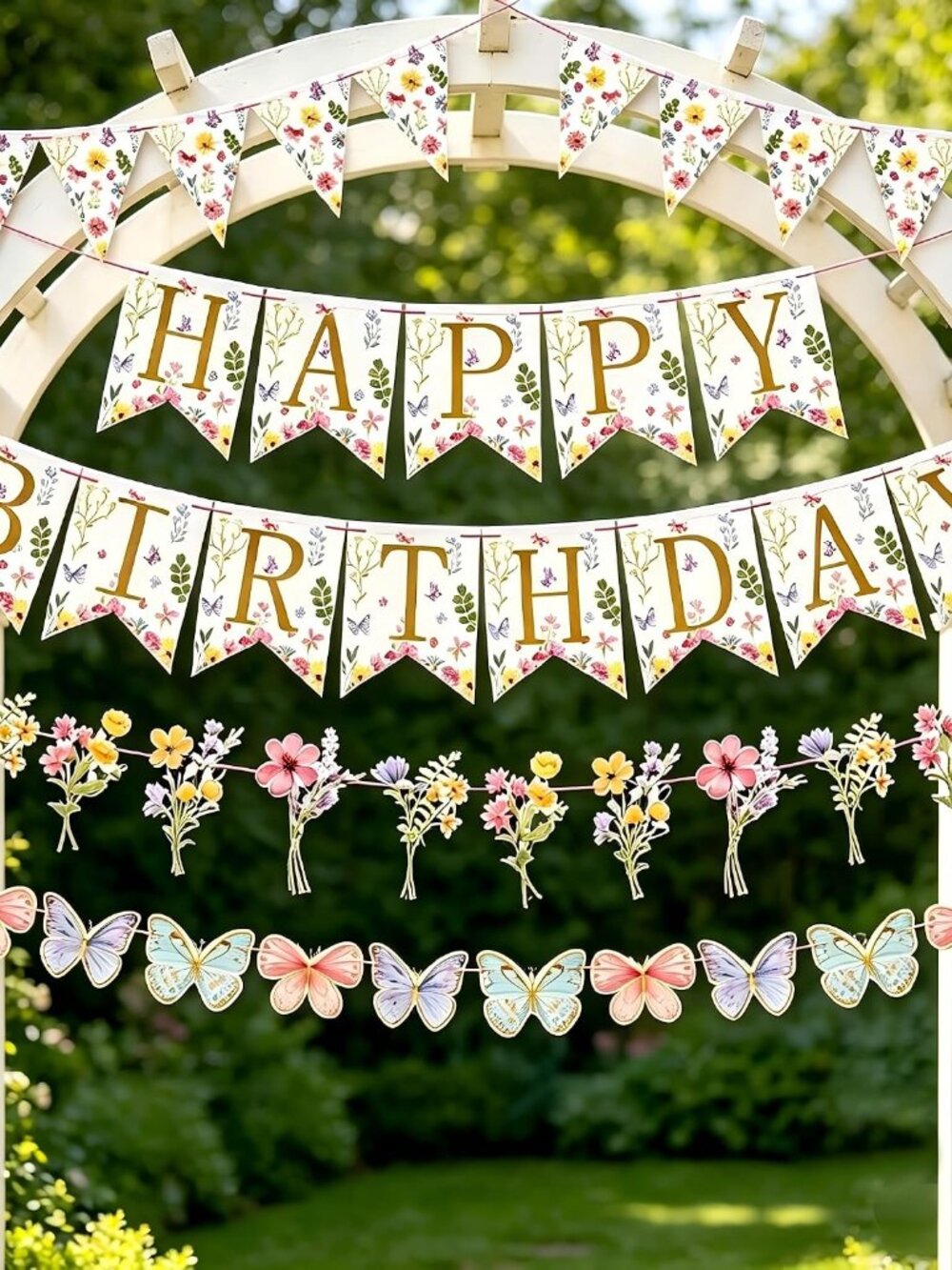 Flower Birthday Decorations,Floral Birthday Banners,with Flower Bouquet Garland,